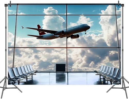 Airport Airplane Photography Backdrop, Plane in Departure Area Airport Lounge Terminal Window View Background, Plane Themed Birthday Party Decoration Photoshoot Booth Studio Props 12X10ft - color: Multi1, size: 12X10ft