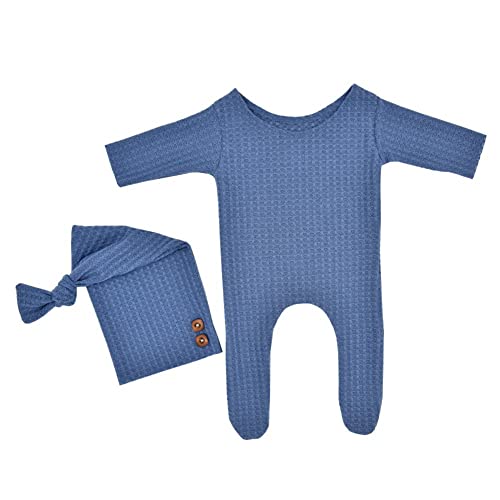 Coberllus Newborn Photography Props Outfit Fabric Sleepy Knot Hat & Footed Romper Bodysuit for Baby Boys Girls Photoshoot - color: Blue