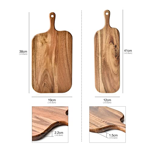 BILL.F Acacia Wood Cutting Board with Handle Small Size Long Wooden Charcuterie Board Paddle Cheese Board Serving Boards for Kitchen Meat, Pizza,Cheese, Bread, Vegetables &Fruits 16'' x 4.7'' x 0.6'' - style: Small