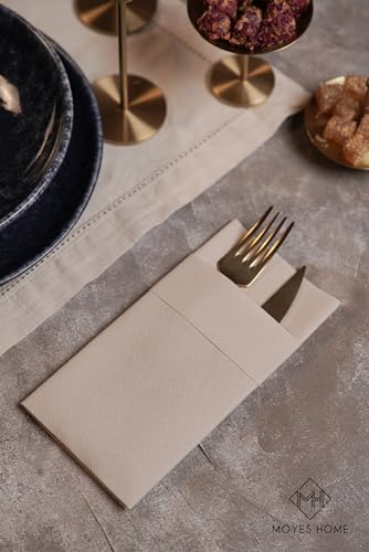 Moyes Home Beige Disposable Dinner Napkins with Pocket - Linen-Feel Pre-Folded Cloth-Like Paper Napkins for Silverware, Weddings, Dinner Parties, 16x16 in, Pack of 50 - color: Beige