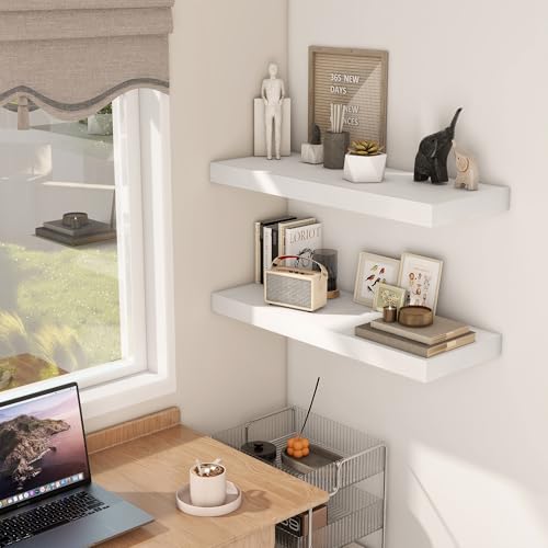 Fun Memories White Floating Shelves 30 x 12 Inch, Deep Floating Shelf Wall Mounted, 12" Deep Wall Shelves for Books, Bathroom, Bedroom, Kitchen, Thicked Shelves for Home Storage & Display, Set of 2 - color: White, size: 30"w X 12"d, 2 Pack