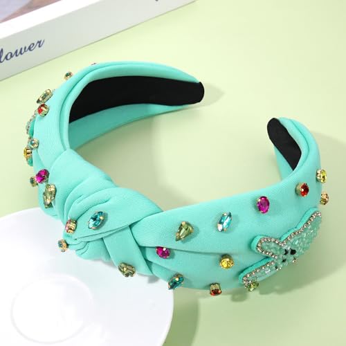 NVENF Easter Headband for Women Beaded Easter Rabbit Bunny Headband White Pink Crystal Pearl Knotted Hairband Happy Easter Hair Accessories Spring Holiday Headwear Outfits Gifts (Bunny A -Blue) - color: Bunny A -Blue