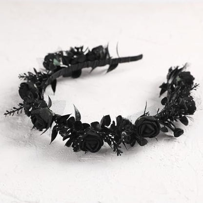 Black Floral Headpiece - Women's Elegant Lace Foam Rose Headband With Flowers for Hair Accessories, Wedding, Party, Birthday Gift, Photo Props - color: Black