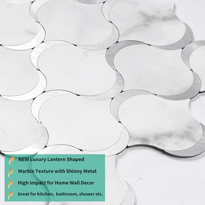 10 Sheet Arabesque Peel and Stick Backsplash Tile, Stick on Backsplash for Kitchen and Bathroom Wall, Marble White Look PVC Mixed Metal Aluminum - color: Marble White Mixed Metal Silver