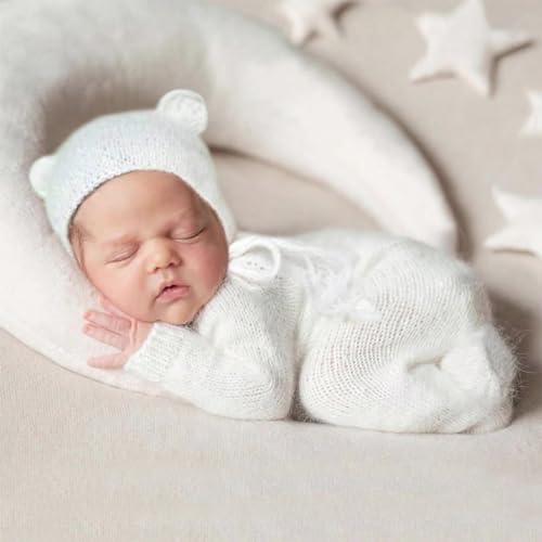 Newborn Baby Photo Shoot Props Girl Boy Crochet Knit Hat Costume Stripe Hat Pants Overalls Photography Props - color: White C