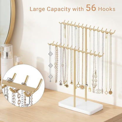 Mkono Necklace Holder Organizer Metal Jewelry Display Stand 2 Tier Bracelet Hanger Gold Tree Tower Rack for Storage Bangles and Earrings Gift for Women Bedroom Dressing Table Decor