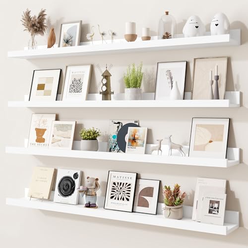Heimlove Picture Ledge Shelf,36 inch Long Floating Shelves for Wall Set of 4,White Picture Shelf with Lip for Wall Decor,Living Room,Bedroom,Bookshelf,Nursery,Perfume - color: White, size: 36'', Set of 4