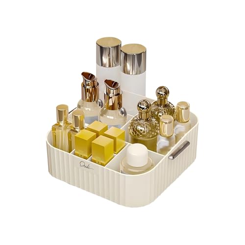 DASITON Acrylic Makeup Organizer,9 Slots Makeup Brush Holder,Makeup Storage with Handle,Vintage Striped Cosmetic Organizer for Desk Storage Container,Vanity,Bathroom(Cream) - color: Cream