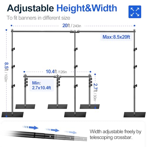 EMART 8.5x20ft(HxW) Photography Backdrop Stand for Parties, Adjustable Photo Pipe and Drape Background Back Drop Holder Frame Kit with Heavy Duty Metal Steel Base for Birthday Wedding - Black - size: 8.5×20ft