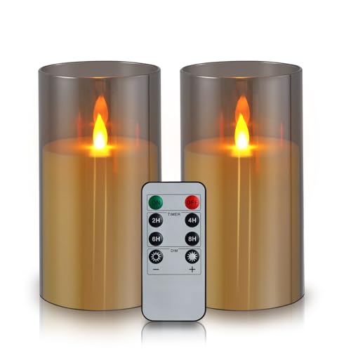 wemarry Flameless Candles Acrylic Glass Pillars 3" D x 6" H Battery Operated Flickering Candles Include 8-Key Remote with Timer Function 400+ Hours (Gray, Warm Light 2 Pack) - color: Gray, size: Warm Light 2 Pack