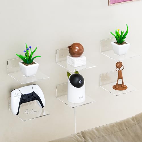Acrylic Wall Shelves,Clear 6 inch Floating Shelves for Display,Echo,Cameras,Speaker,Router Wall Mounted Transparent Small Invisible Shelves with Adhesive Bedroom Bathroom Living Room - color: Clear, size: 6 Inch -6Pack