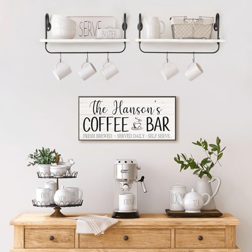 Olakee Floating Wall Shelves for Kitchen Bathroom Coffee Nook with 10 Adjustable Hooks for Mugs Cooking Utensils or Towel Rustic Storage Shelves Set of 2/17x5.9 inch (White) - color: White