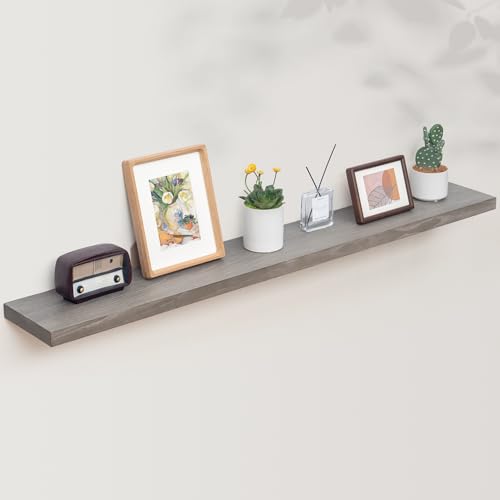 Axeman Floating Shelves for Wall, Rustic Elm Wood 56'' W x 8" D Wall Shelf with Invisible Bracket, Large Long Wall Mounted Storage Shelves for Living Room, Bedroom, Kitchen, Bathroom Decor, Grey - color: Grey With Flat Edge, size: 55 inches - 1P
