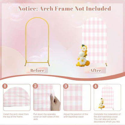 Wedding Arch Backdrop Cover 6.6FT Pink White Plaid Texture Seamless Fabric Checkered Gingham Spandex Fitted Arch Cover Round Top Stands Cover for Birthday Party Ceremony Banquet Decoration - size: 6.6x3.3 FT