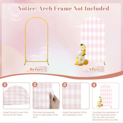 Wedding Arch Backdrop Cover 7.2FT Pink White Plaid Texture Seamless Fabric Checkered Gingham Spandex Fitted Arch Cover Round Top Stands Cover for Birthday Party Ceremony Banquet Decoration - size: 7.2x4 FT