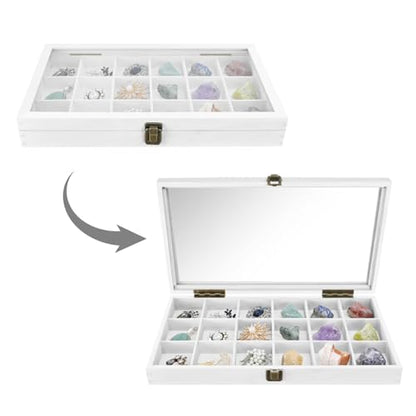 MOOCA Wooden Display Storage Case with Tempered Glass Lid for Jewelry and Beads with 18 Compartments Tray, 15 W x 8 3/8 L x 2 1/8 H in, Wash White Color - color: Wash White