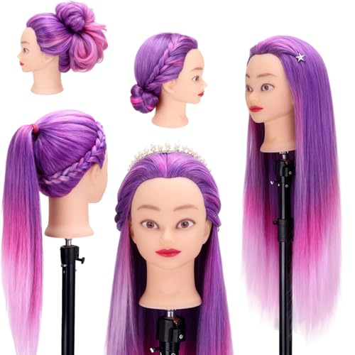 Mannequin Head with Hair, Beauty Star Doll Head for Styling, 29" Long Syntheic Hair Cosmetology Hairdressing Training Practice Manikin Head with Clamp Stand and Braiding Kit for Girls - color: Pink & Purple