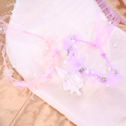 Adjustable Flower Crown Headband for Women - Floral Garland Hair Wreath with Crystal Accents Perfect for Weddings Flower Wands Photo Props (Pink+Purple Beaded, Adjustable) - color: Pink+Purple Beaded