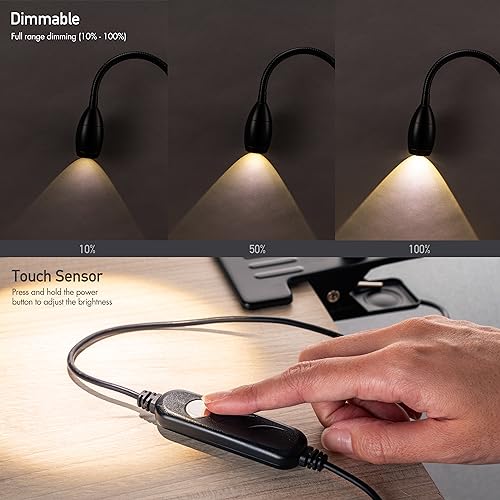 O'Bright Lumos - Versatile Clip-on Lamp: Zoomable Spotlight, Dimmable LED, Flexible Gooseneck, 4000K Light, 100% Metal Clamp - Ideal for Reading, Crafting, Work, and Headboards, Black - color: Black