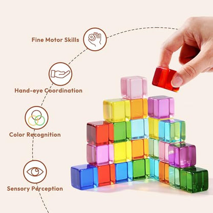 Woodtoe Rainbow Building Blocks for Toddlers, 24 PCS Acrylic Gem Cubes Stacking Blocks, Montessori Stacking Toy for 3 4 5 6 Year Old, Educational STEM Creative Sensory Toy Gifts for Kids Boys Girls - style: 24 PCS Rainbow Stacking Blocks