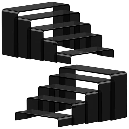 FUNFERY Acrylic Display Risers, 2 Set(7.8" L~8.2" L~8.6" L~9”L~9.3”L) Display Shelf for Figure, Collectibles, Cupcake, 5-Tier Clear Acrylic Stands for Dessert, Jewelry, Candy Showcase - color: Black, size: 10 Pcs