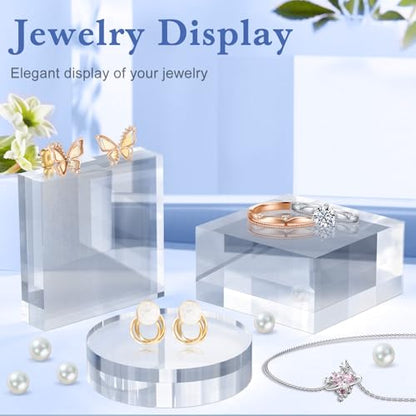 SAMYUCHO Acrylic Blocks 3 X 3 X 1 Inch 16 Pcs Acrylic Base Stand for Display Clear Block Square Riser Display Stands Pedestal Polished Cube for Jewelry trophy Props Collection Ring
