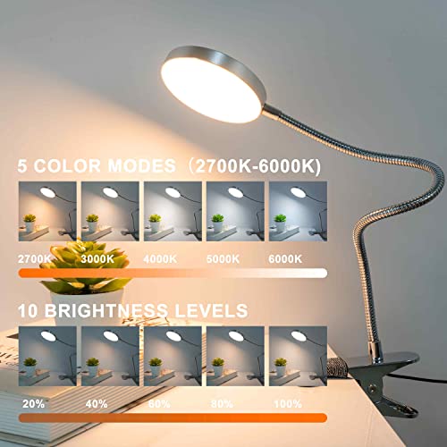 LiFMIRA Clip-on Lamp Reading Light - 5 Color Modes, 10 Brightness Levels, 8W, 66 LED, Eye-Caring Metal Clamp Light with Gooseneck for Bed, Headboard, Desk, Video Conferencing, Makeup - color: Silver