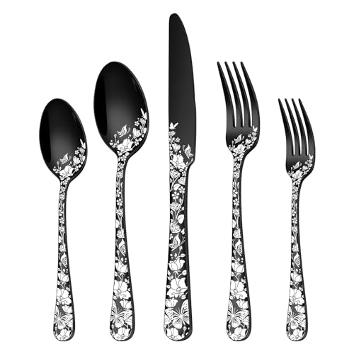Stapava 40 Pcs Black Silverware Set for 8, Stainless Steel Flatware Cutlery, Include Forks Spoons and Knives, Mirror Polished, Dishwasher Safe Black Utensils for Home Restaurant Hotel - style: Beautiful Laser Black