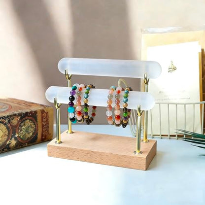 Selenite Charging Plate, Selenite Bracelet Holder Stand, Crystal Bracelet Holder, Unique Gifts For Crystal Lovers,Jewelry Wrap Watch Organizer Holder With Wooden Base For Bangles Charging Cleansing