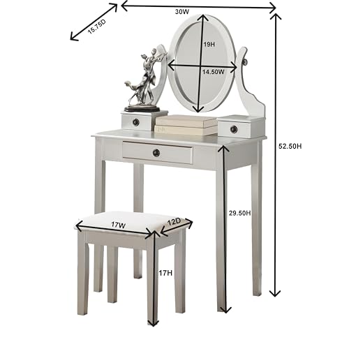 Roundhill Furniture Moniys Wood Moniya Makeup Vanity Table and Stool Set, Silver - color: Silver