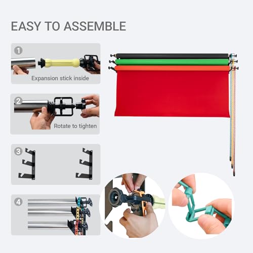 Photography Backdrop Roller Support System with 3 Rollers, 80-inch Stainless Steel Crossbars for Limited Space, Wall/Ceiling/Stand Mount, Yellow Red Green Chains