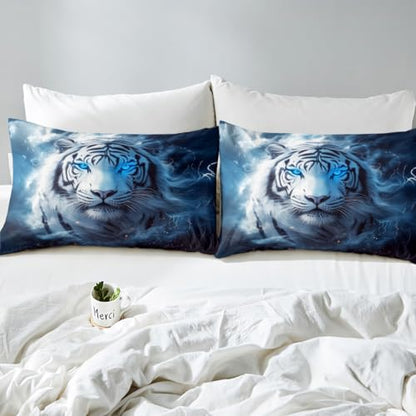 Feelyou Tiger Bed Sheets Set King Size Safari Cat Print Bedding Set for Kids Boys Girls Wildlife Sheets with Deep Pocket Fitted Sheet Wild Animal Bedding Set - color: Black Blue, size: King