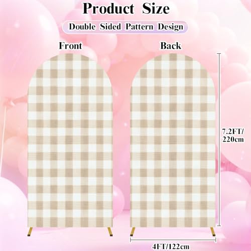 7.2FT Wedding Arch Backdrop Cover Beige Gingham Seamless Pastel Check Plaid Beige White for Spandex Fitted Fabric Round Top Stretchy Stand Covers for Baby Shower Birthday Party Decoration - color: Color1, size: 7.2x4 FT