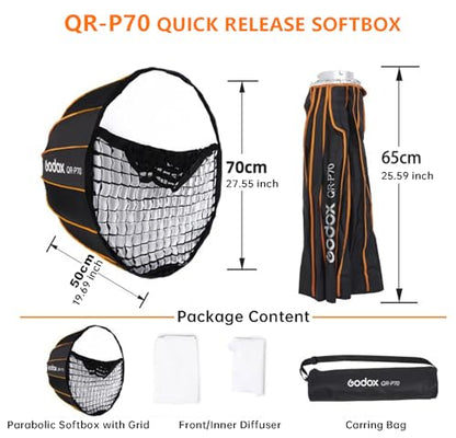 Godox Parabolic Softbox Quick Release,QR-P70 27.5”/70cm Portable Bowens Mount Sof tbox with Honeycomb Grid,Carry Bag,Front/Inner Diffuser for Professional Photography Studio Portrait Video Shooting - size: QR-P70
