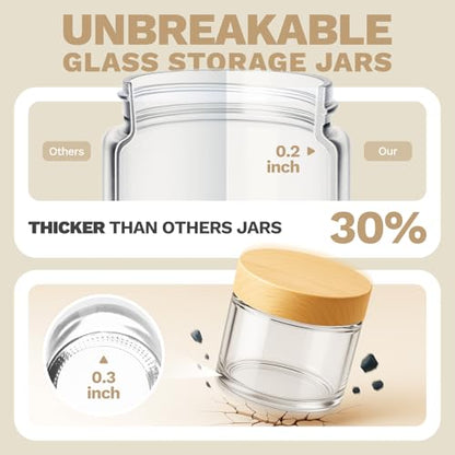 Bumobum 2 oz Small Glass Jars with Plastic Woodgrain Lids, 24 Pack Clear Glass Cosmetic Jars with Inner Liners, 60ml Refillable Empty Sample Containers for Cream, Salve, Powders and Lotion Storage - color: 2oz-24pack