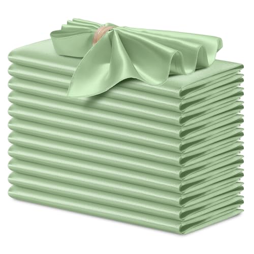 P Pothuiny 12 Pcs Silky Sage Green Satin Napkins 17 x 17 Inches, Square Smooth Wedding Dinner Napkins Satin Cloth Napkins Table Napkins for Banquet Party Restaurant Decor, Thanksgiving, Christmas - color: Sage Green