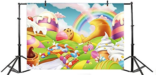AOFOTO 10x6.5ft Candyland Backdrop Fantasy Giant Lollipop Candy Land Candy Themed Party Decorations Banner Cartoon Rainbow Ice Cream Dessert Shop Decor Background Kids Baby Birthday Photoshoot Props - size: 10x6.5ft