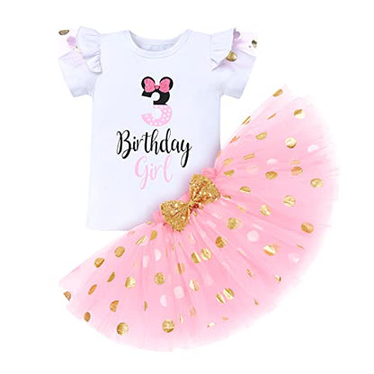 IBTOM CASTLE Cake Smash Half 1st 2nd 3rd Birthday Girl Princess Polka Dots Ruffle Skirt Set ONE Party Costume Headband - color: Pink-3rd, size: 3T