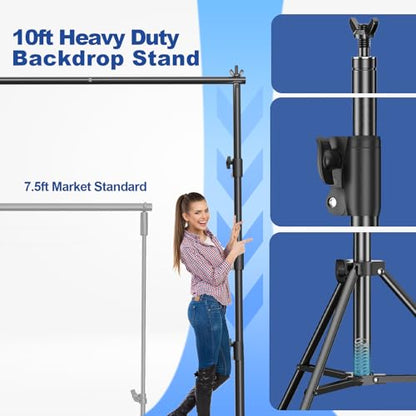 Photo Video Studio 10 x 10ft Heavy Duty Backdrop Stand, Adjustable Photography Background Support System Kit with Shock-Proof Spring, Carrying Bag, 6 Clamps - size: 10×10ft