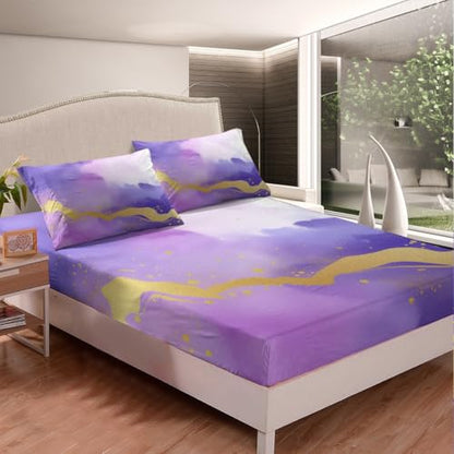 Feelyou Purple Golden Marble Texture Bed Sheets Set Purple Golden Gradient Fitted Sheet Smoke Marble Art Bedding Set for Boys Girls Golden Streaks Bed Cover Queen Size 3Pcs Bed Set - color: Multi 22, size: Queen