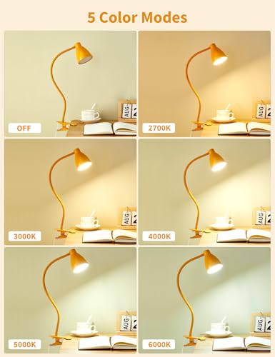BOHON Clip on Light, 10W 38 LED Desk Lamp with Clamp, 5 Color 10 Brightness Auto Off Timer, Flexible Neck Clip Lamp, Desk Lights for Office Home Bed Bedside Reading, Bright Yellow - color: Bright Yellow