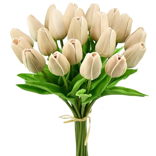 Mandy's Light Brown Artificial Tulips Flowers Centerpiece, 13.5" Lifelike PU Fake Floral Stems 20pcs for Kitchen Island & Dining Table, Spring Decor for Easter - color: Light Brown