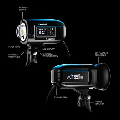 Westcott FJ400-SE 400Ws AC Studio Strobe 2 Light Kit with Universal Trigger and 2 Octa Softboxes - Fast Recycle, 5500K Color, LED Modeling Light