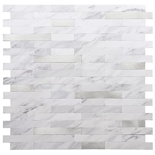 STICKGOO Peel and Stick Backsplash, PVC Wall Tiles Stick on Backsplash for Kitchen(1 Sheet, White Marble with Metal Silver) - color: White Marble with Metal Silver