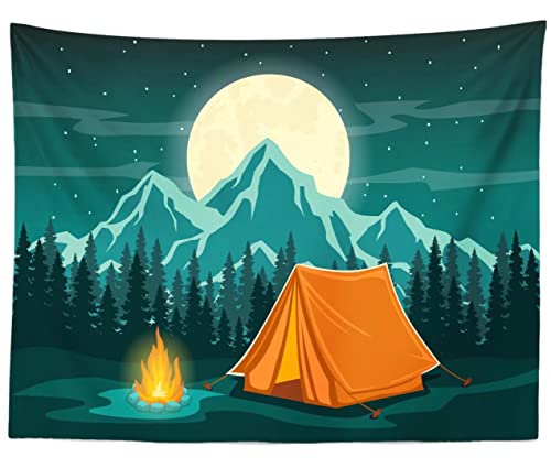 BELECO 5x3ft Fabric Cartoon Camping Backdrop for Photography Forest Scene Mountain Scenery Starry Night Full Moon Background Camping Themed Baby Shower Baby Kids Birthday Party Decoration Backdrop - size: 5x3FT