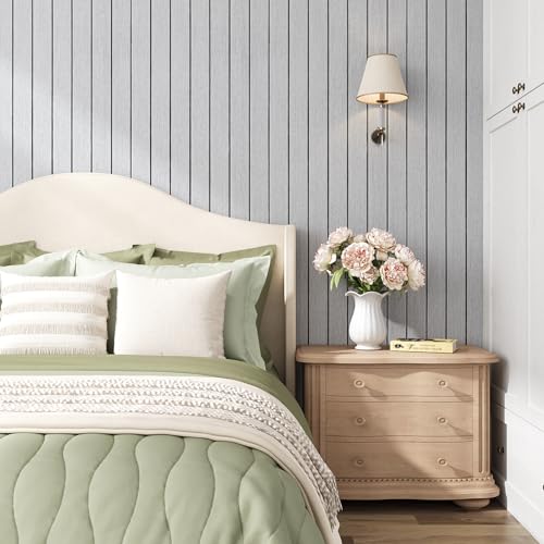 VEELIKE Light Grey Wood Slat Wall Panel Peel and Stick Wood Wall Panels for Interior Walls Decor Ceiling TV Backdrops 17''x118'' Self Adhesive 3D Foam Slat Wallpaper Paneling for Bedroom Headboards - color: Light Gray, size: 17" x 118"