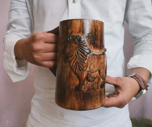 collectiblesBuy Hand-carved Antique Brown Lion Design Wooden Coffee Mug Rustic Tankard with Handle for Tea Wine Beer Ideal for Men Camping Travel Outdoor Use