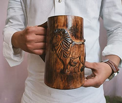 collectiblesBuy Hand-carved Antique Brown Lion Design Wooden Coffee Mug Rustic Tankard with Handle for Tea Wine Beer Ideal for Men Camping Travel Outdoor Use