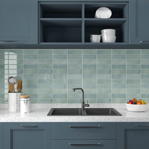 CHIHUT 6 Sheets Green Rectangular Kitchen Backsplash Tiles Peel and Stick 12"X12" Marble 3D Stick on Backsplash Tiles for Bathroom Backsplash Self Adhesive Thick Wall Tile for Sink Vanity Backsplash - color: Green, size: 6 Tiles