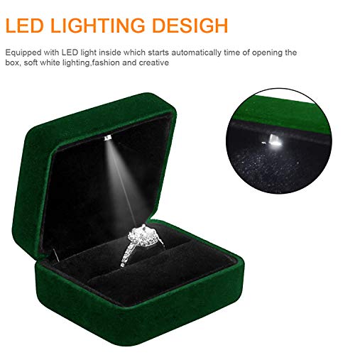 Ring Box with LED Light Velvet Emerald Jewelry Box - color: Emerald Green
